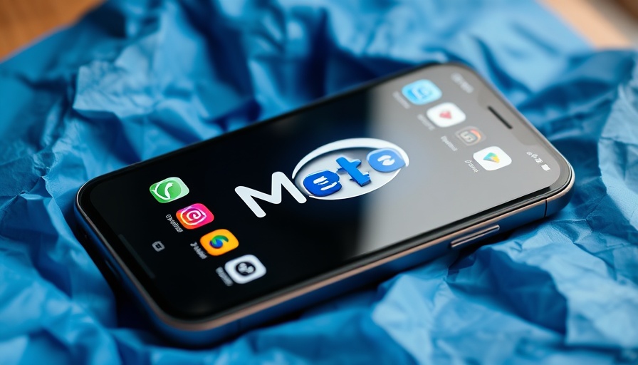 Phone displaying Meta logo with app icons on blue paper.