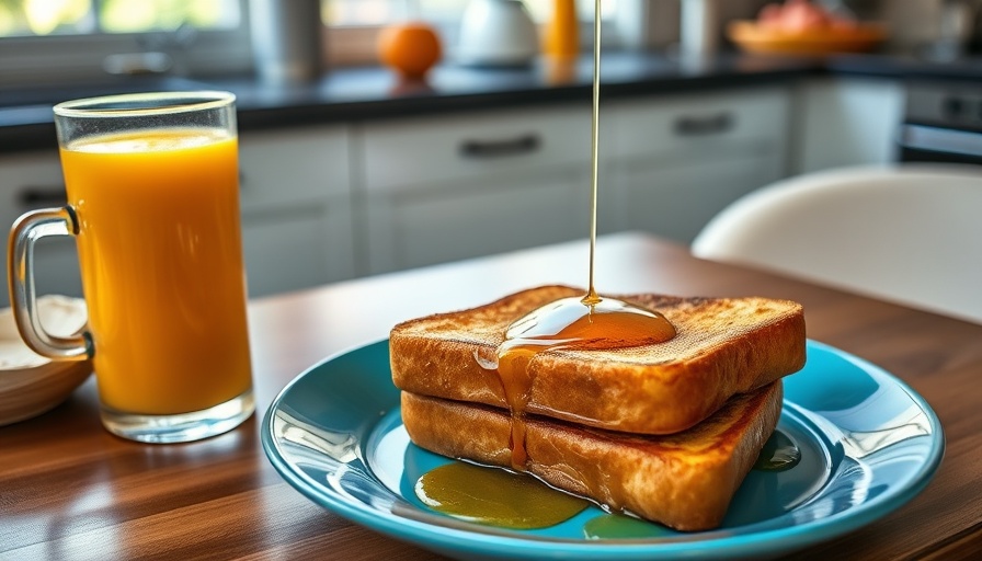 Golden Orange Juice French Toast on blue plate with juice glass.