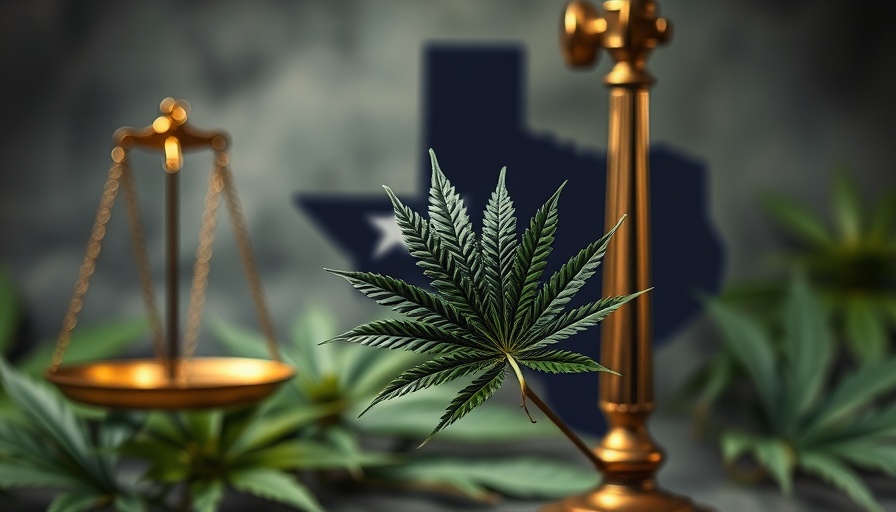 Abstract Texas THC regulation image with symbolic cannabis leaves and law scales.