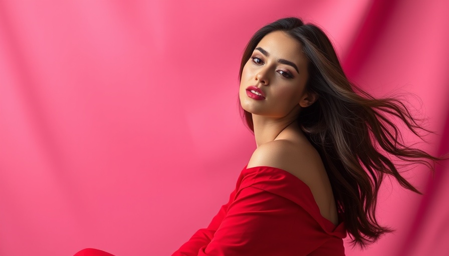 Elegant woman in red dress against pink backdrop for mental health support.