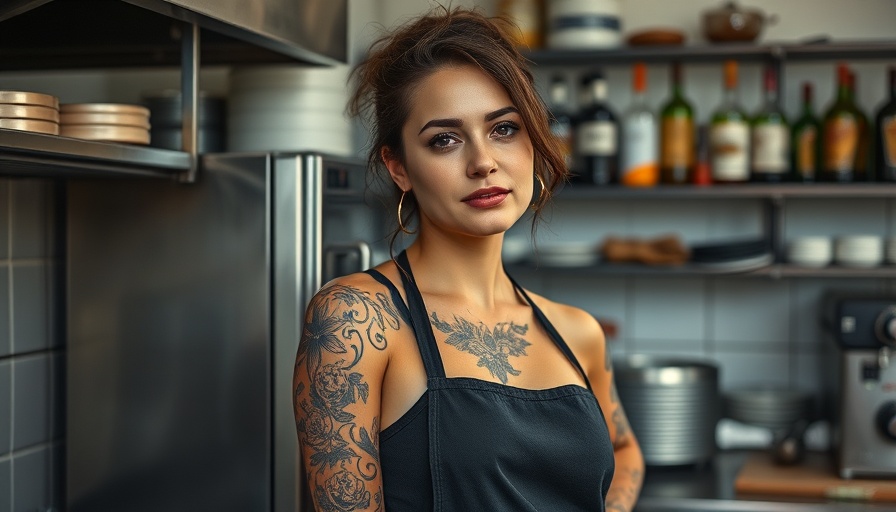 Tattooed woman in kitchen, relaxed in Austin lifestyle setting.