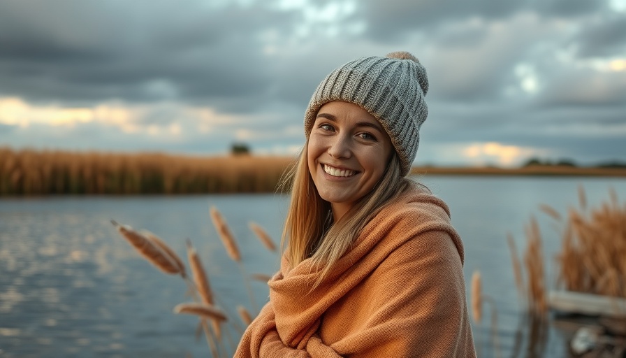 Woman enjoying the benefits of blue spaces near a serene lake.