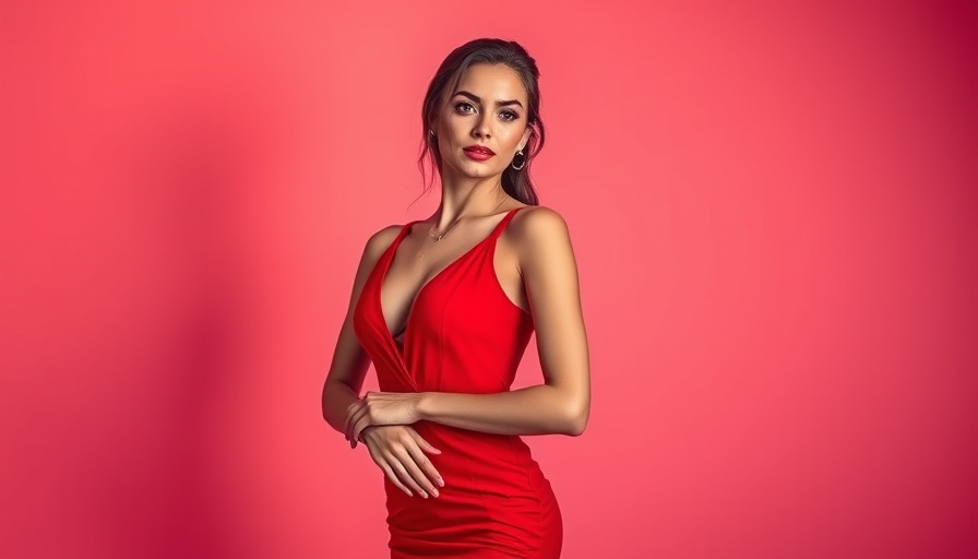 Elegant woman in red dress posing gracefully against pink backdrop.
