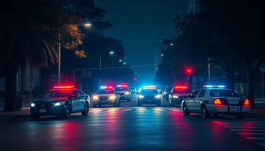 Austin police vehicles at night with flashing lights at an intersection.