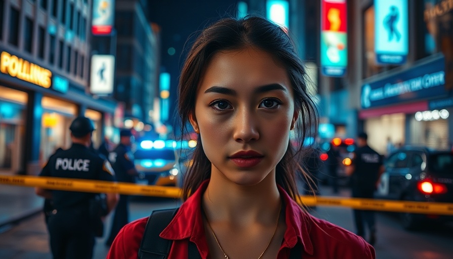 Urban night scene with police tape and young woman's portrait.