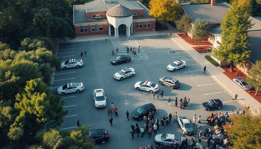 Aerial view of Evergreen High School parking lot during police response.