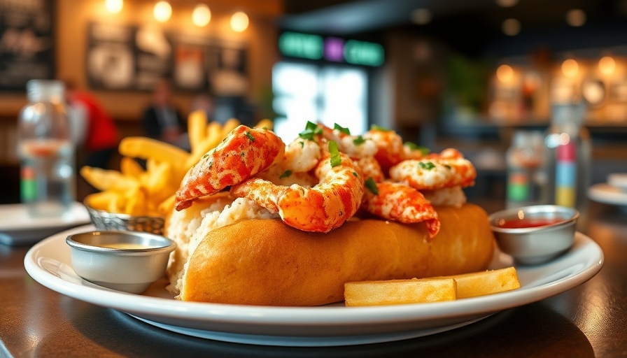 Lobster roll with fries and sauces, seafood in Dallas.