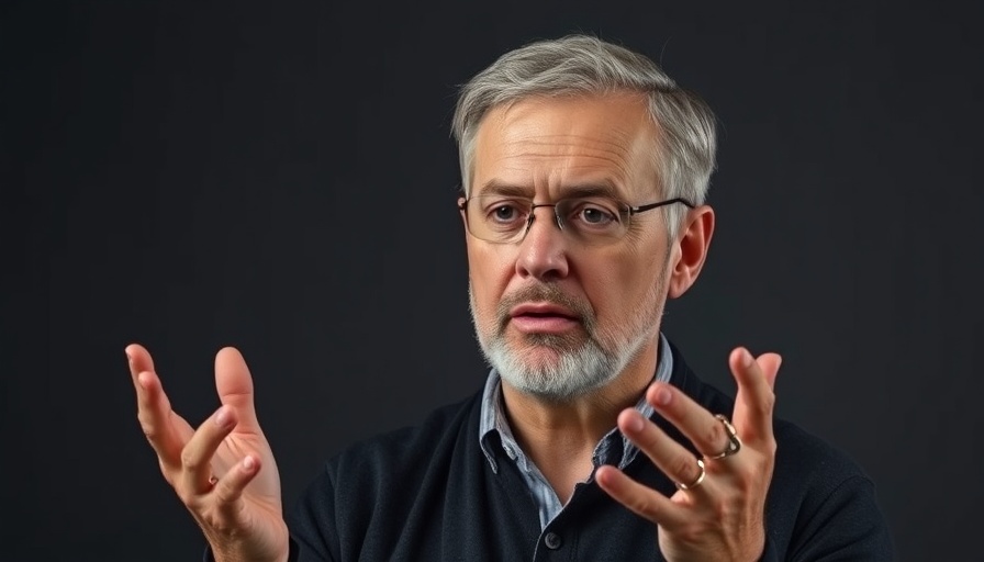 Middle-aged man explaining with hand gestures in a video.
