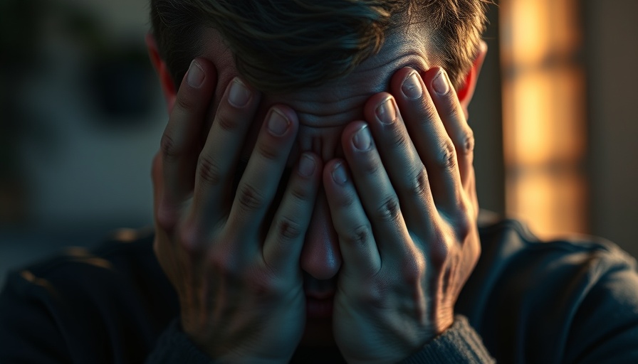 Person covering face with hands depicting stress, shadow patterns on face linked to insomnia brain aging risk.