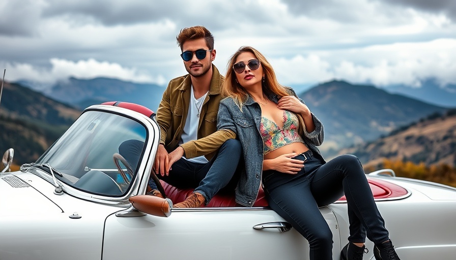 Stylish Austin shopping couple with vintage car, mountains in background