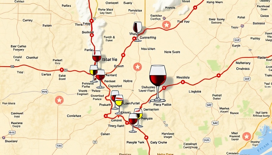Map of North Texas Fall Wine Trail with colorful markers.