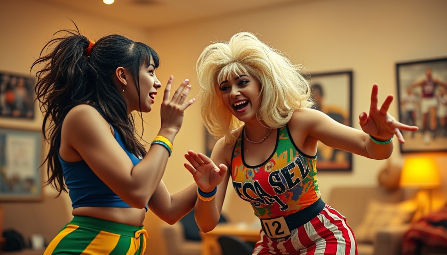 Comedic sports-inspired scene with colorful outfits