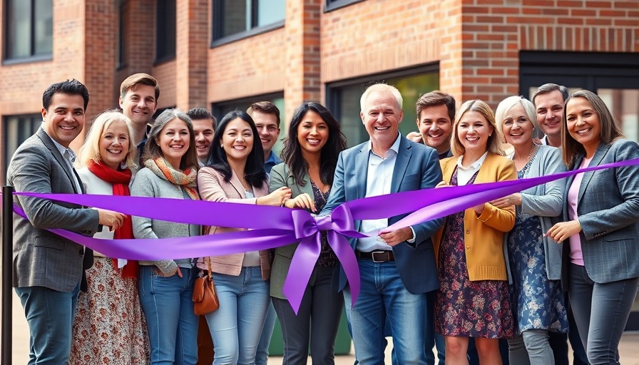 Diverse group celebrating ribbon-cutting at Austin domestic violence shelter.