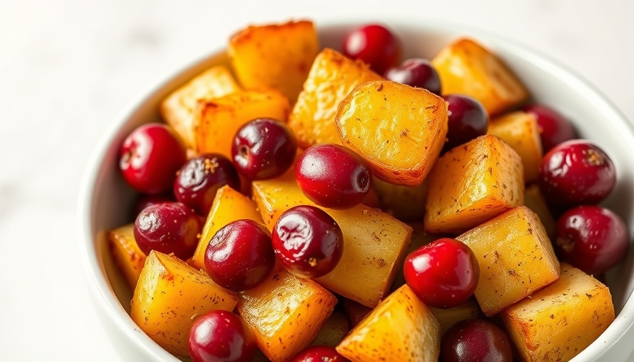 Spiced roasted potatoes and cranberries in a bowl, close-up