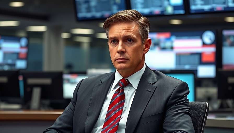 Serious man in suit at news desk with background screens, thoughtful gaze.