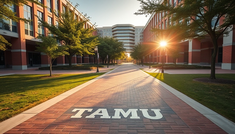 Texas A&M campus pathway with 'TAMU' bricks at sunrise, modern buildings.