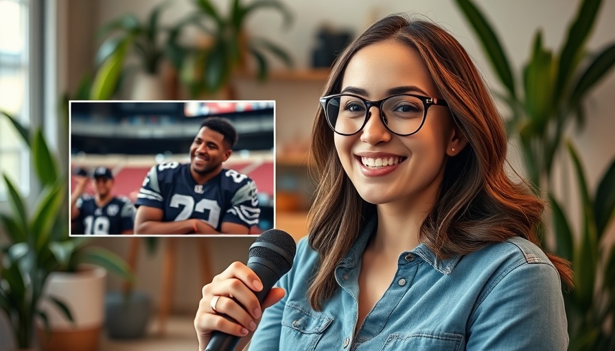 Kylie Kelce in a casual podcast setting, with inset NFL moment.