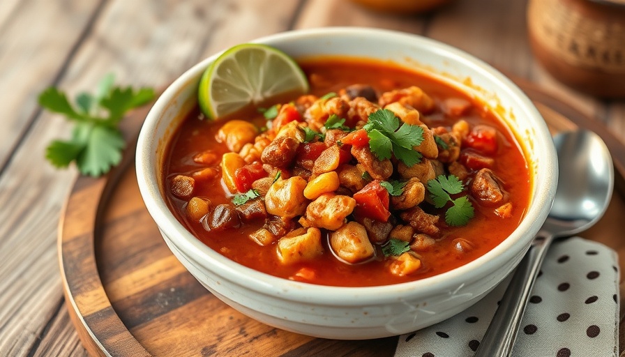 Crockpot Chicken Taco Chili in a bowl with cilantro and lime on a wooden tray.