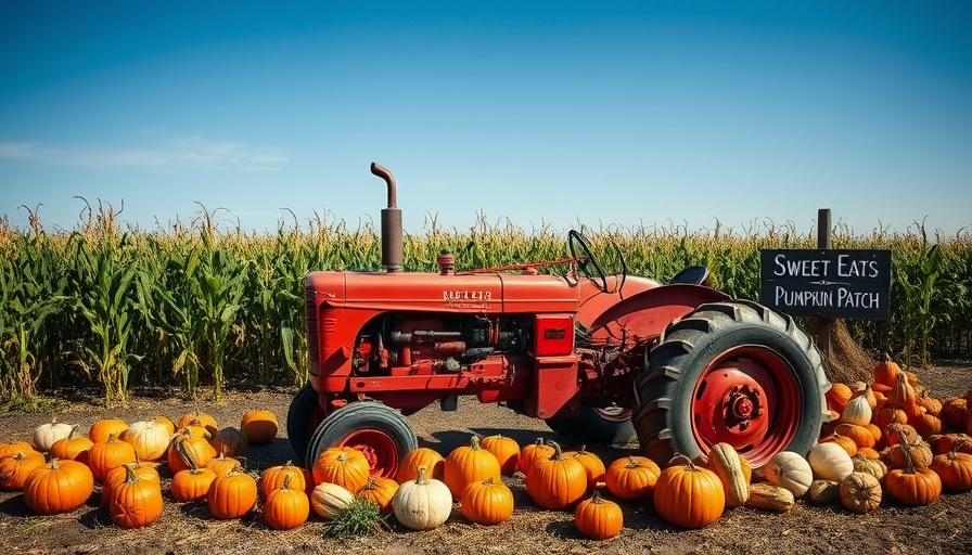 Central Texas pumpkin patch with red tractor and pumpkins near Austin.