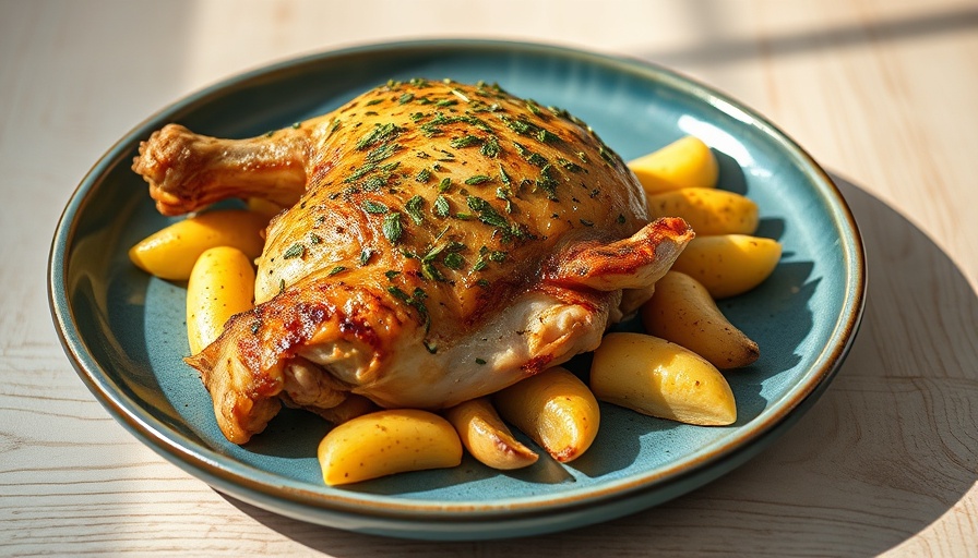 Herbed Chicken Thighs and Parsnips on a blue plate with natural light.