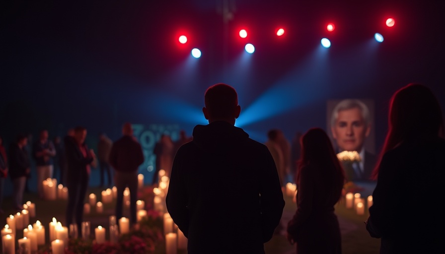 Memorial gathering with Charlie Kirk's portrait under moody lighting.