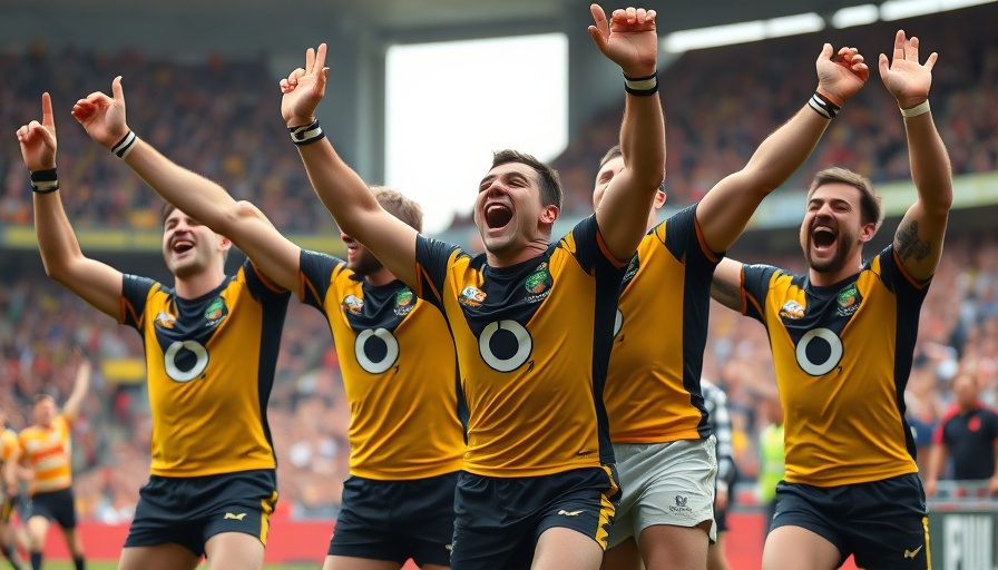 Houston SaberCats rugby players celebrating in a stadium.