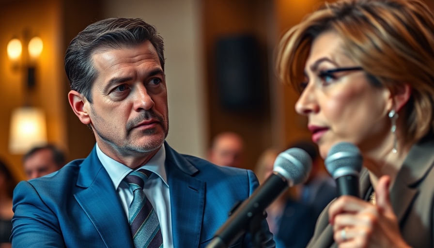 Portrait of man and woman speaking at event
