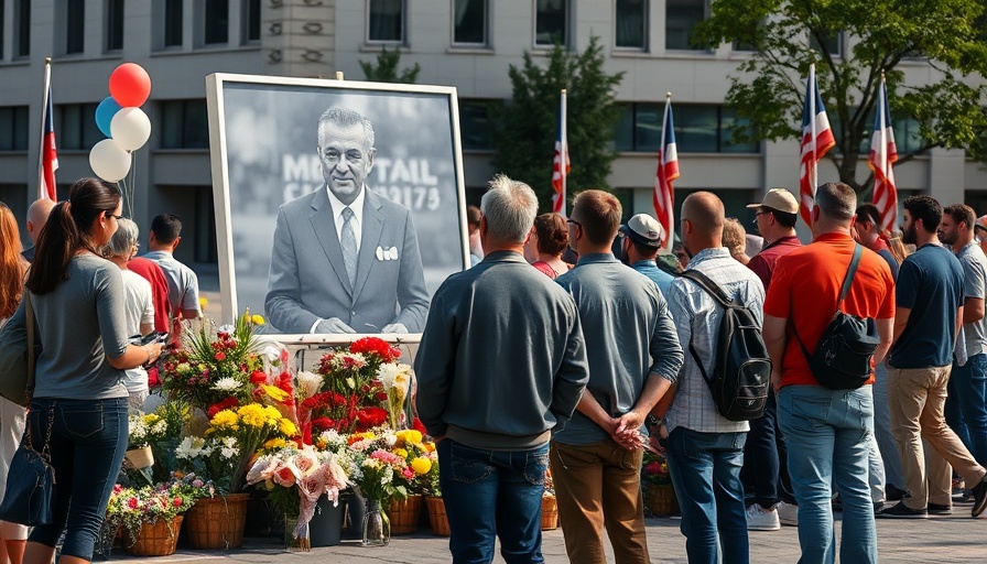 Memorial gathering scene with large photo and tributes.