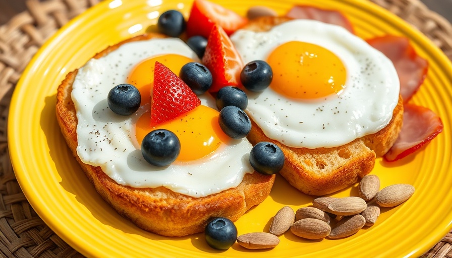 Healthy breakfast with eggs, fruit, and nuts on a sunny plate for health and wellness articles.