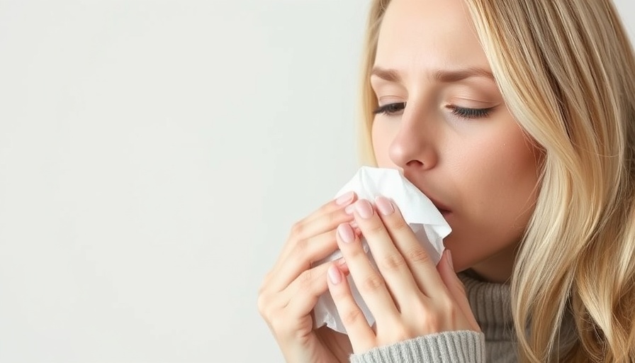 Woman with a sick face sneezing into tissue.