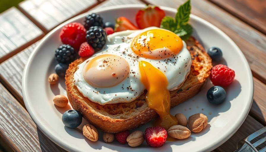 Healthy breakfast featuring eggs and fruits promoting health and wellness.