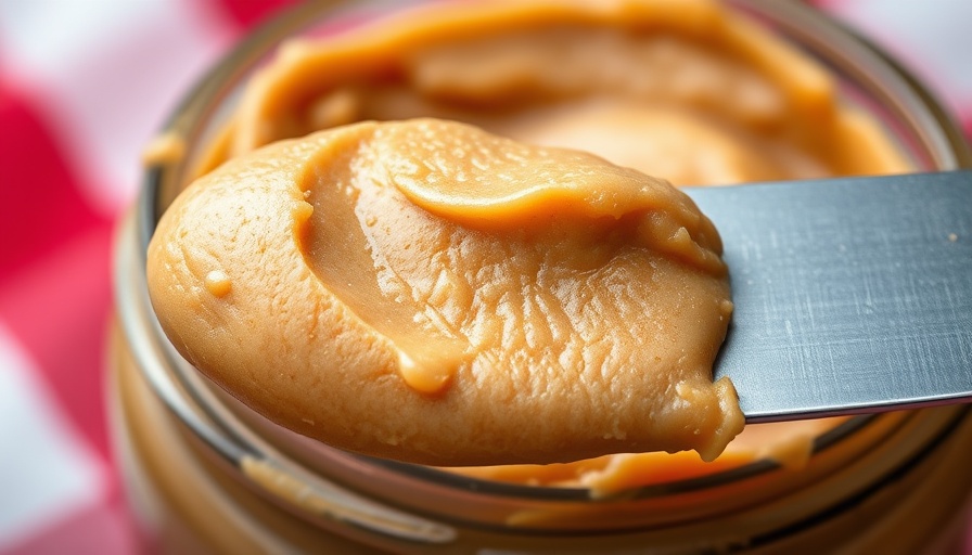 Close-up of creamy peanut butter, knife in jar, high protein foods misconceptions.