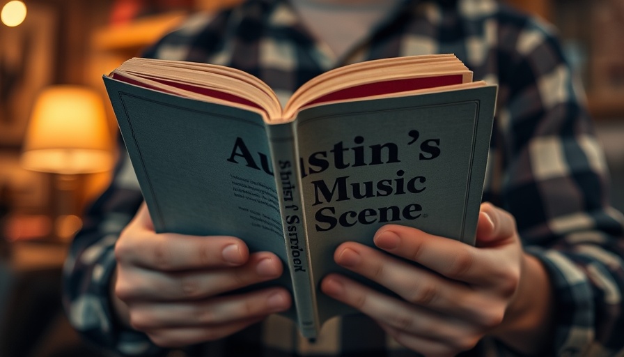 Close-up of hands holding 'Austin's Music Scene' book, plaid shirt