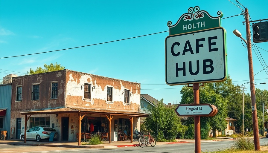 Rustic scene in Austin depicting local hub, signboard under clear sky.