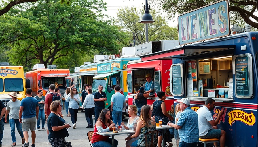 Food truck scene in South Austin with vibrant trucks and people.