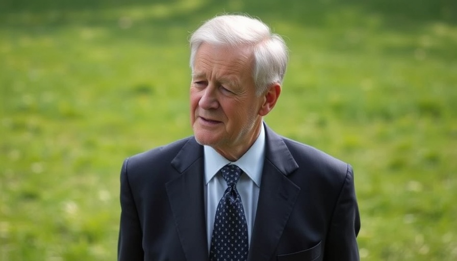 Elderly man outdoors, serious expression, lush lawn background.