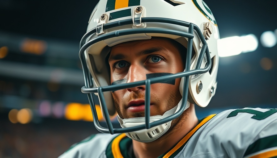 Football player with Packers helmet looking focused during a game.