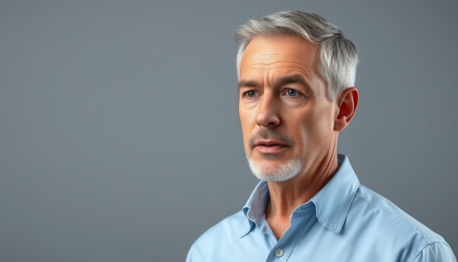 Serious middle-aged man discussing health, neutral background.