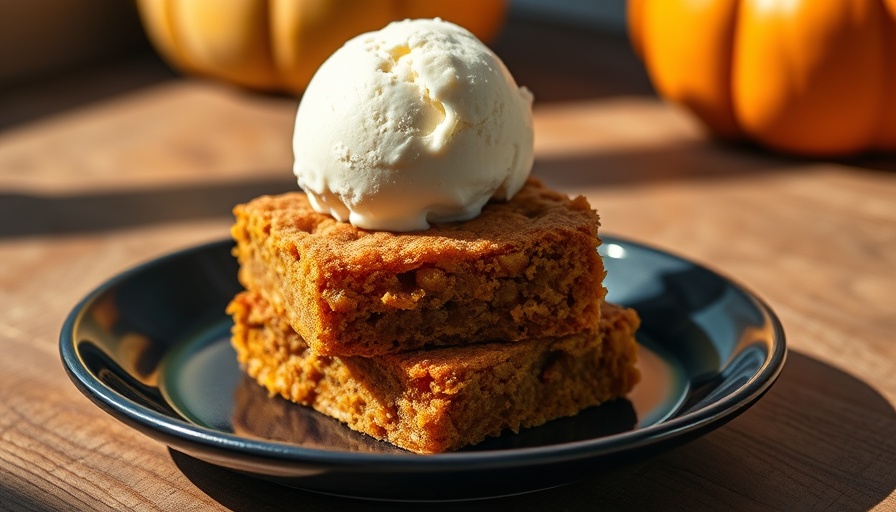 Appetizing gooey spiced squash blondies with vanilla ice cream on a dark plate.