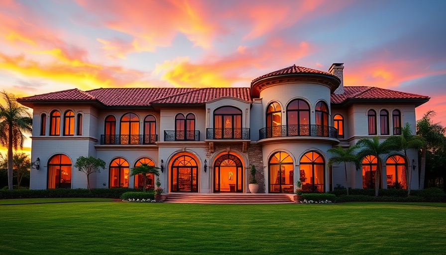 Houston real estate market elegant mansion at sunset.