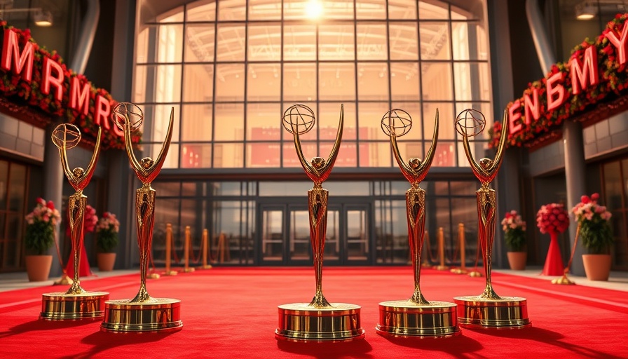 2025 Emmy Awards venue with statuettes outside arena.