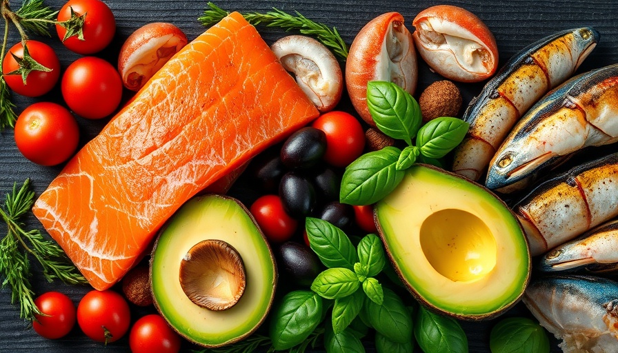 Colorful Mediterranean diet food display with fresh ingredients.