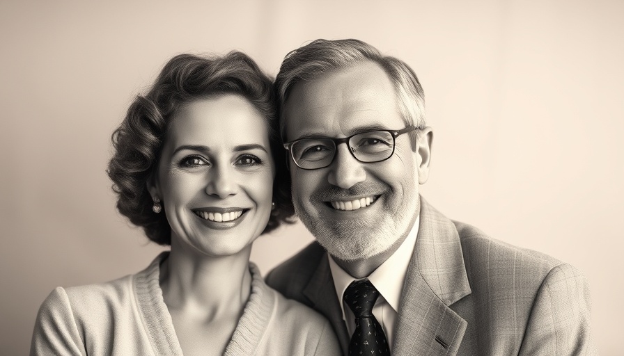 Vintage portrait of smiling couple, classic love theme.