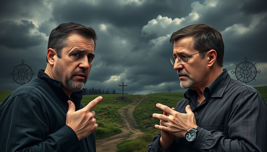 Two men discussing an ominous scene with a dark path and sky.