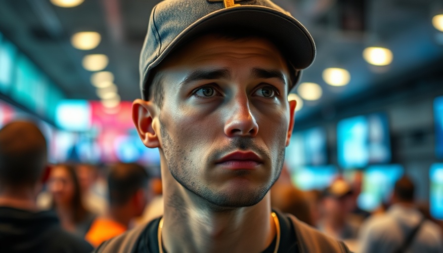 Casual man looking intently in crowd, wearing red and white cap