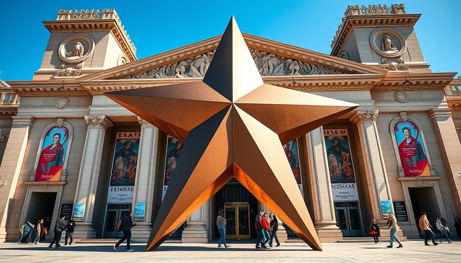 Austin Museum Day visitors at the Texas museum with a large bronze star.