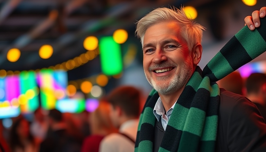 Yeti CEO holding a scarf with a neon sign background