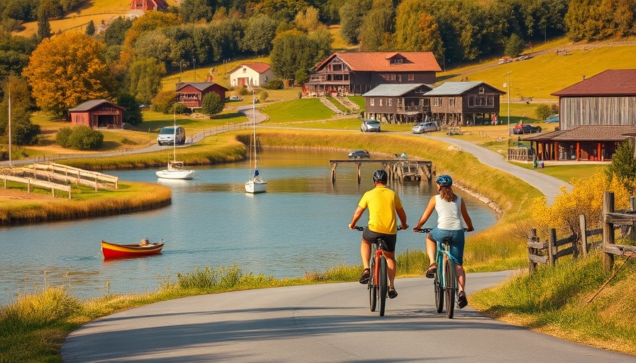 Cyclists near a tranquil lake scene with boats and greenery, artistic.