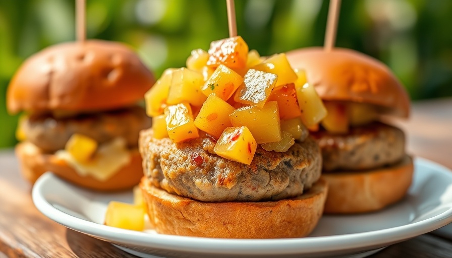 Aloha sliders with pineapple relish on a white plate.