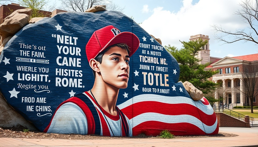 Charlie Kirk mural incident with vivid rock art and a young man holding a red cap.